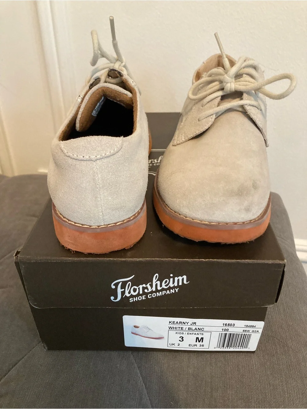 Florsheim Kids Suede Dress Shoes in Light Gray with Tan Sole